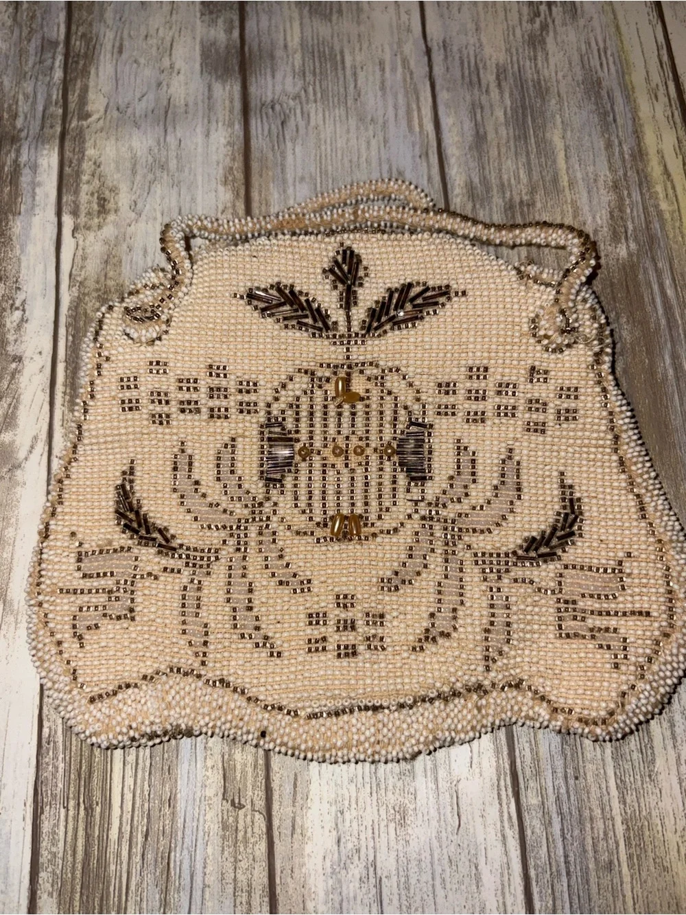 Antique Beaded Cream Evening Clutch with Brown Accented Floral Motif